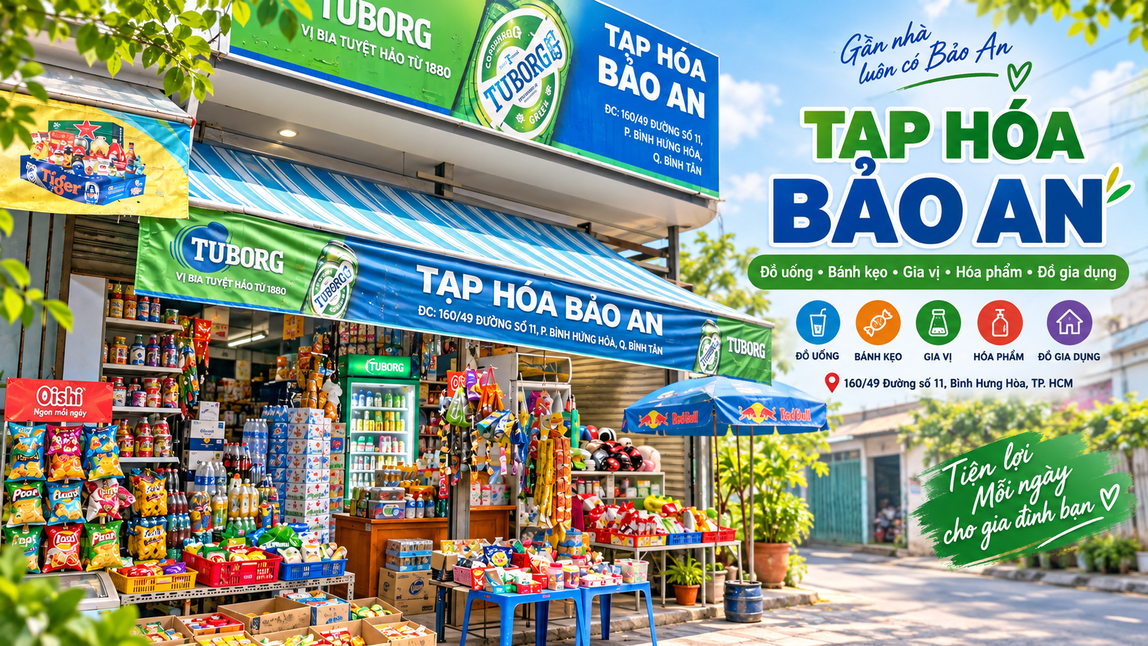 Bảo An grocery store promotional image showing the storefront and product groups including drinks, snacks, seasonings, cleaning and household supplies